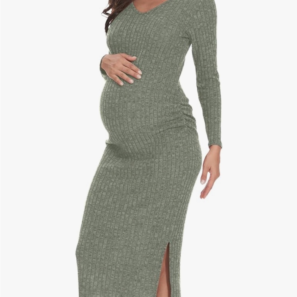 V Neck Side Ruch Knit Ribbed Maternity Bodycon Dress,Maternity Dress